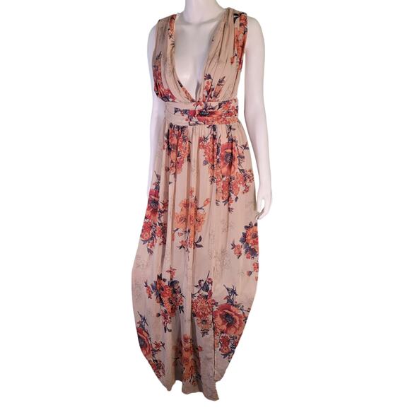 FILLY FLAIR Soieblue blush floral low-cut v-neck  flowy sheer long maxi dress l - Picture 8 of 9
